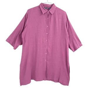 Phool Womens Button Up Tunic Rose Pink Crinkle Cotton Gauze Lagenlook Coastal XL